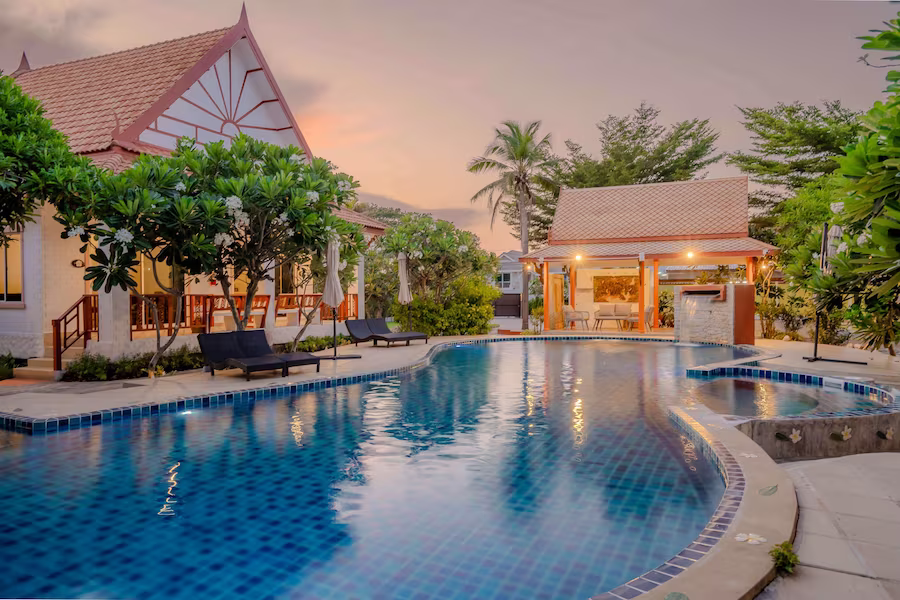 Evening pool view at private bungalow - The Diamond luxury rehab Thailand