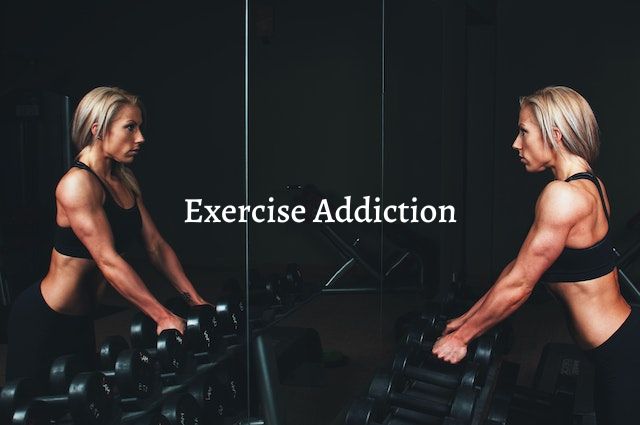 Exercise Addiction sign and a woman at the gym