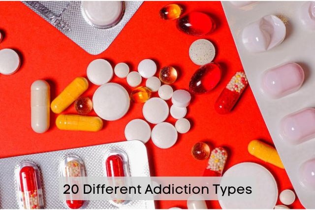 Variety of pills on red background
