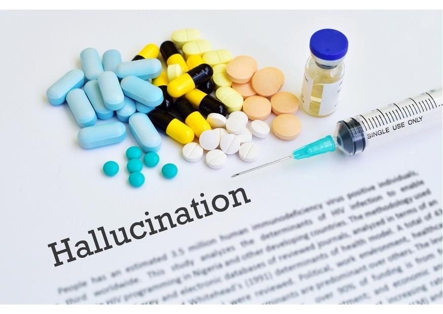 Hallucination sign with pills and syringe next to it