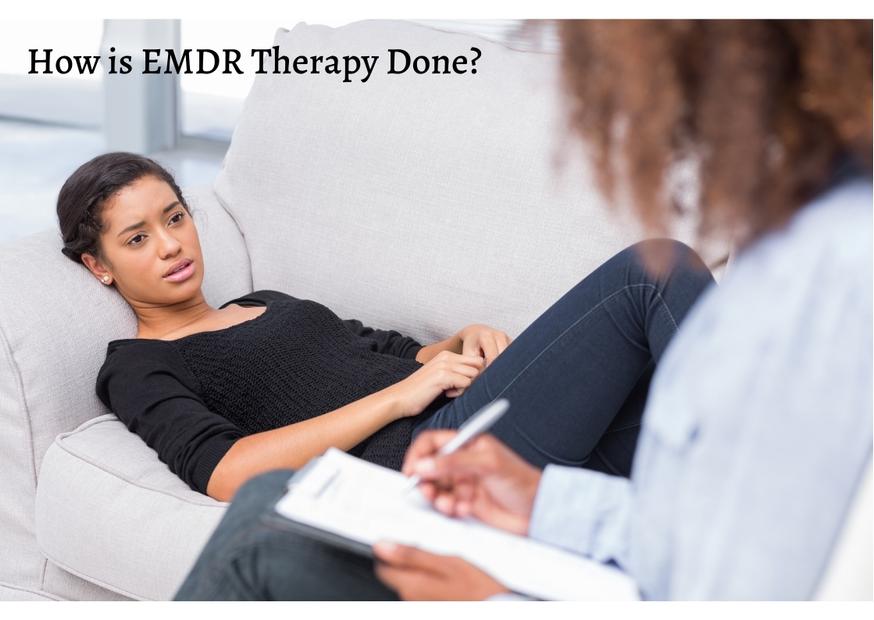 Woman laying on sofa talking to a therapist.
