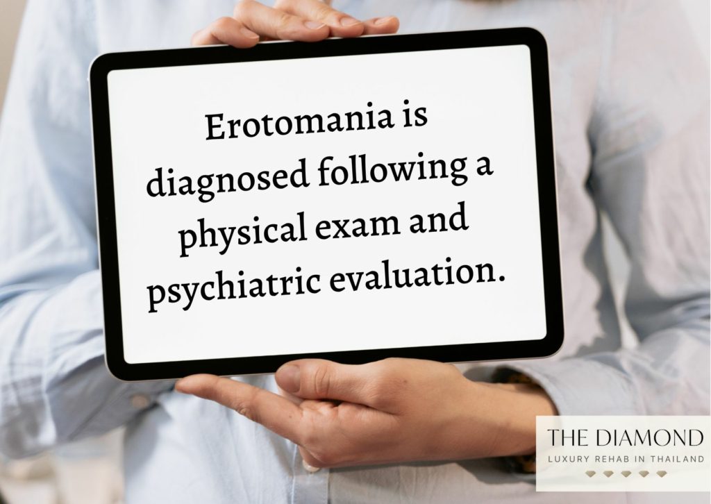 a medical person holding a tablet with text of how erotomania is diagnosed