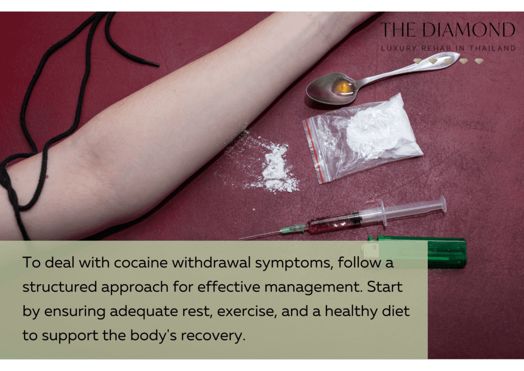 A picture showing hand, injection filled with cocaine and powder.