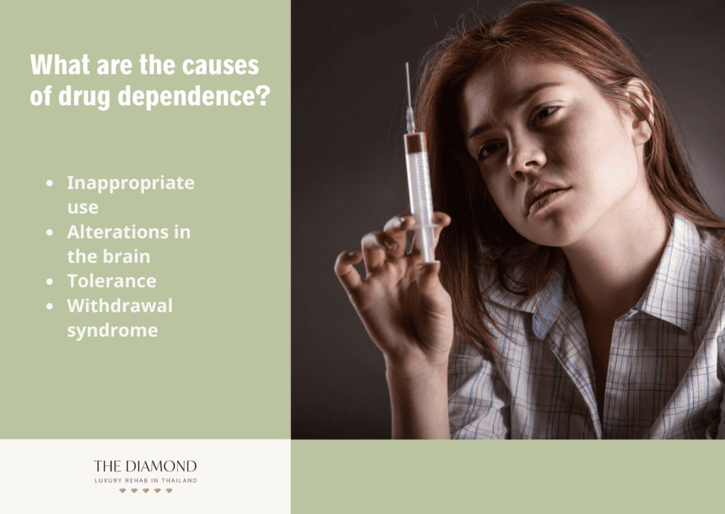 A woman holding durg filled syringe in her right hand.