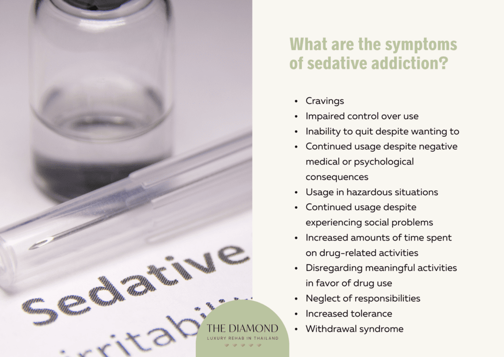A picture showing sedative and the symptoms of its addiction.