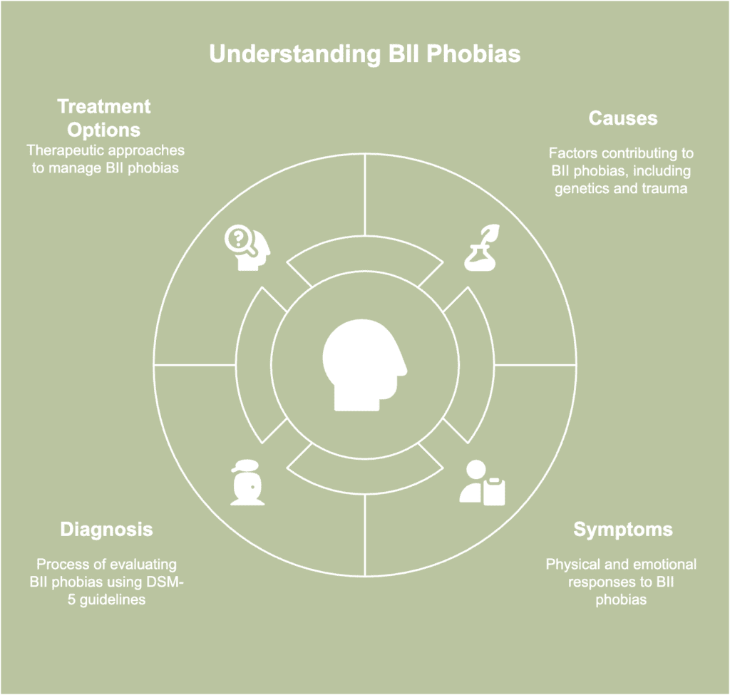 A picture showing BII phobias treatment, causes, symptoms and diagnosis.