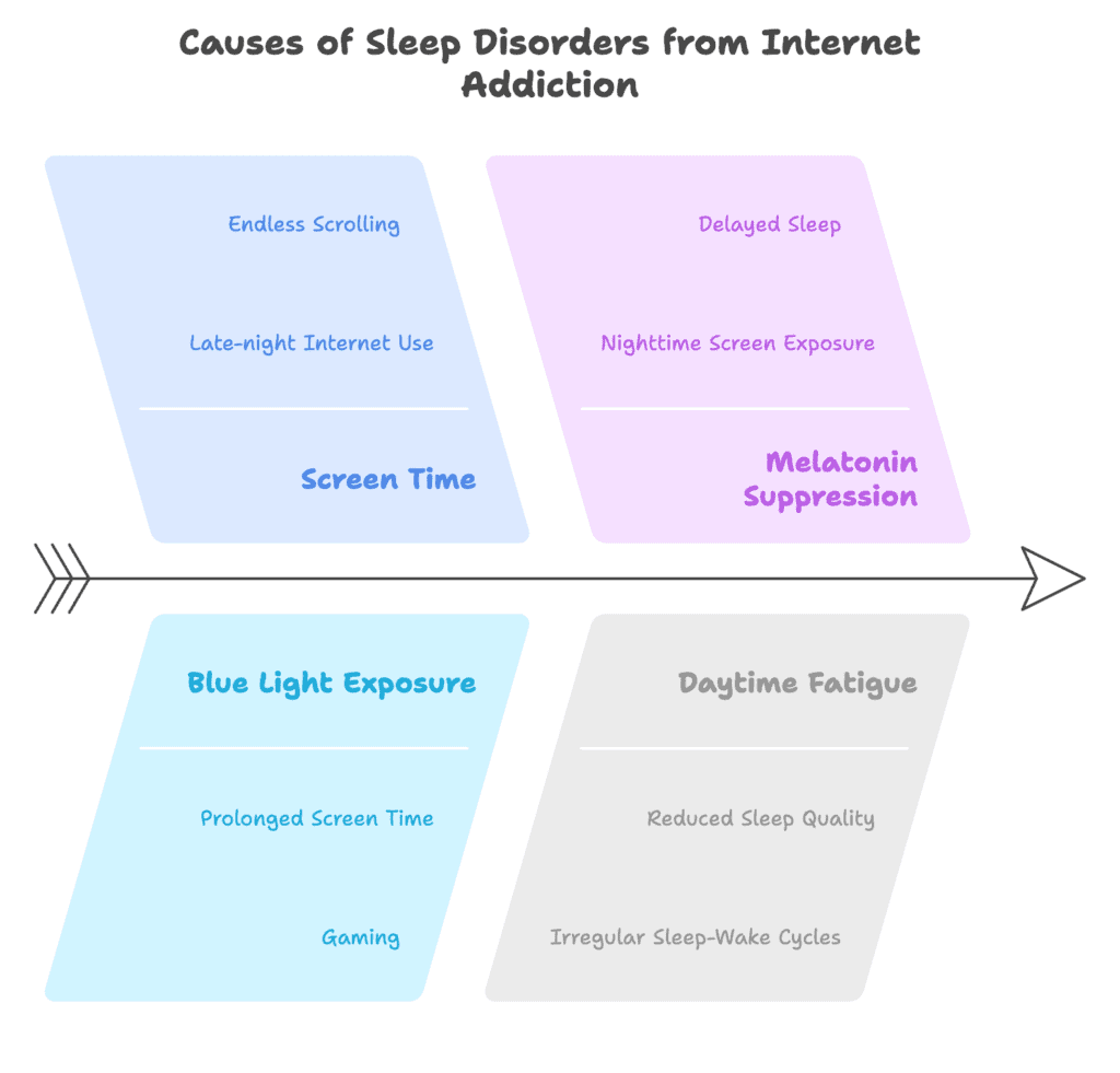 A visual image of causes of sleep disorders from internet addiction.