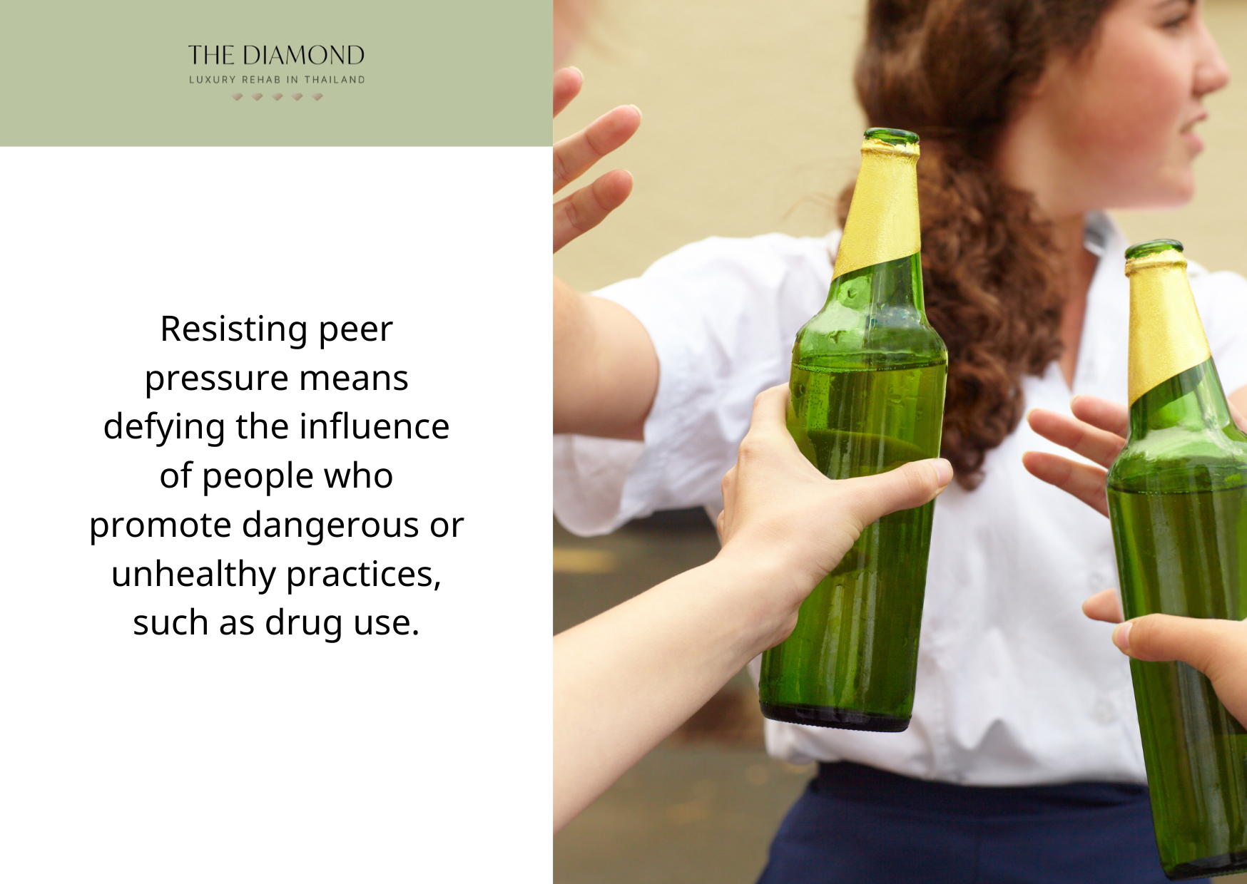 A young lady resisting people for alcohol.