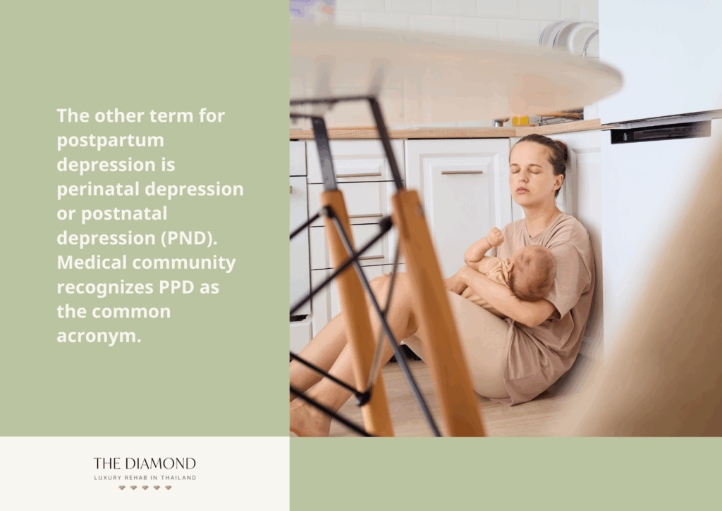 A picture showing a depressed woman with a newborn in her lap.