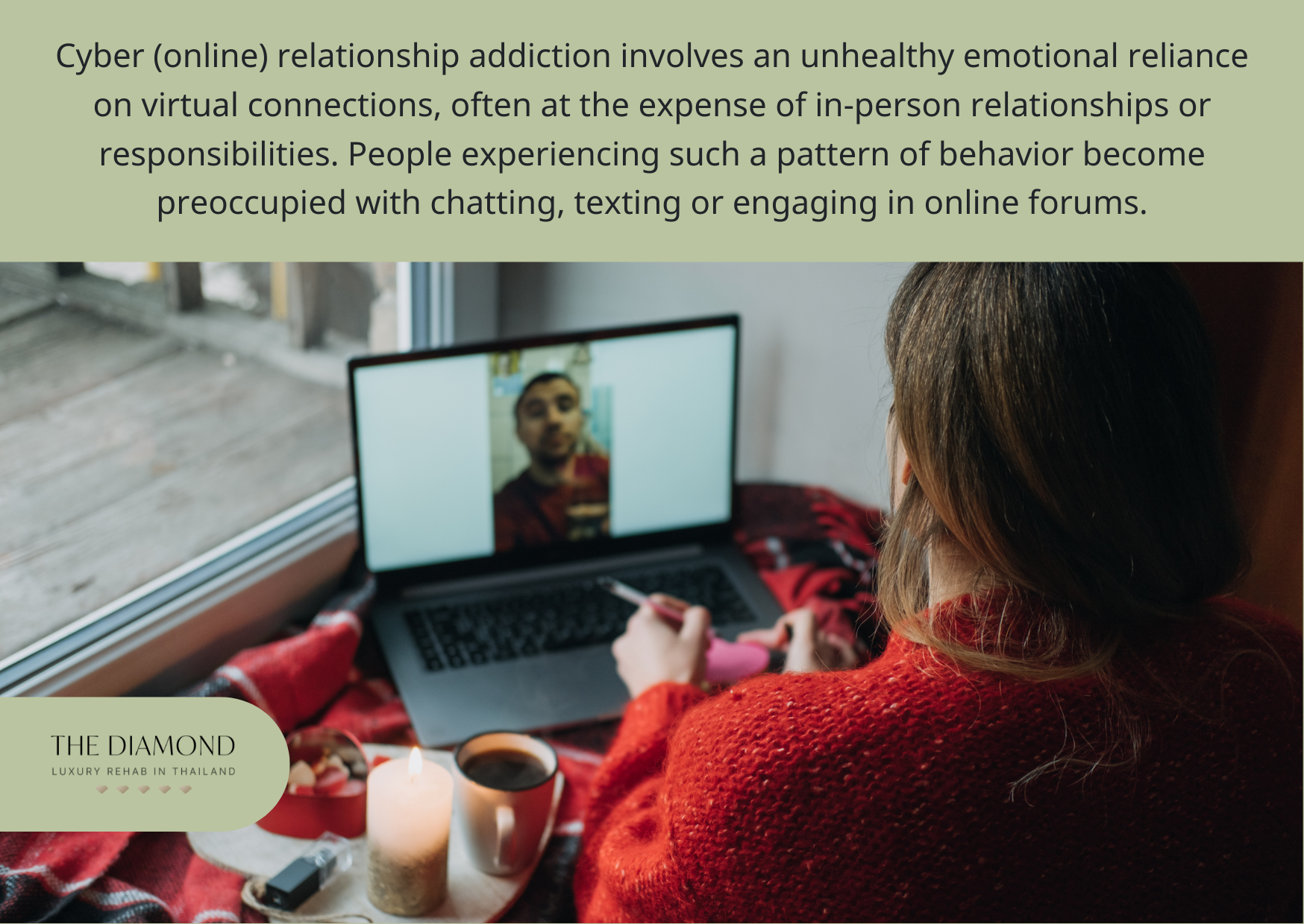 A woman addicted to online relationships is on an online video call with a man.