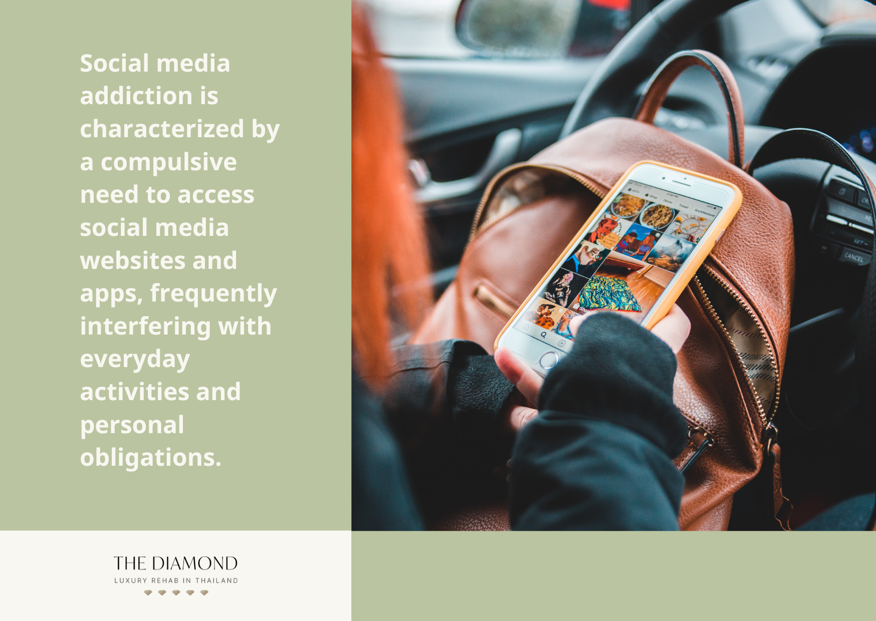 A woman in the driver's seat of a car is looking at social media content.