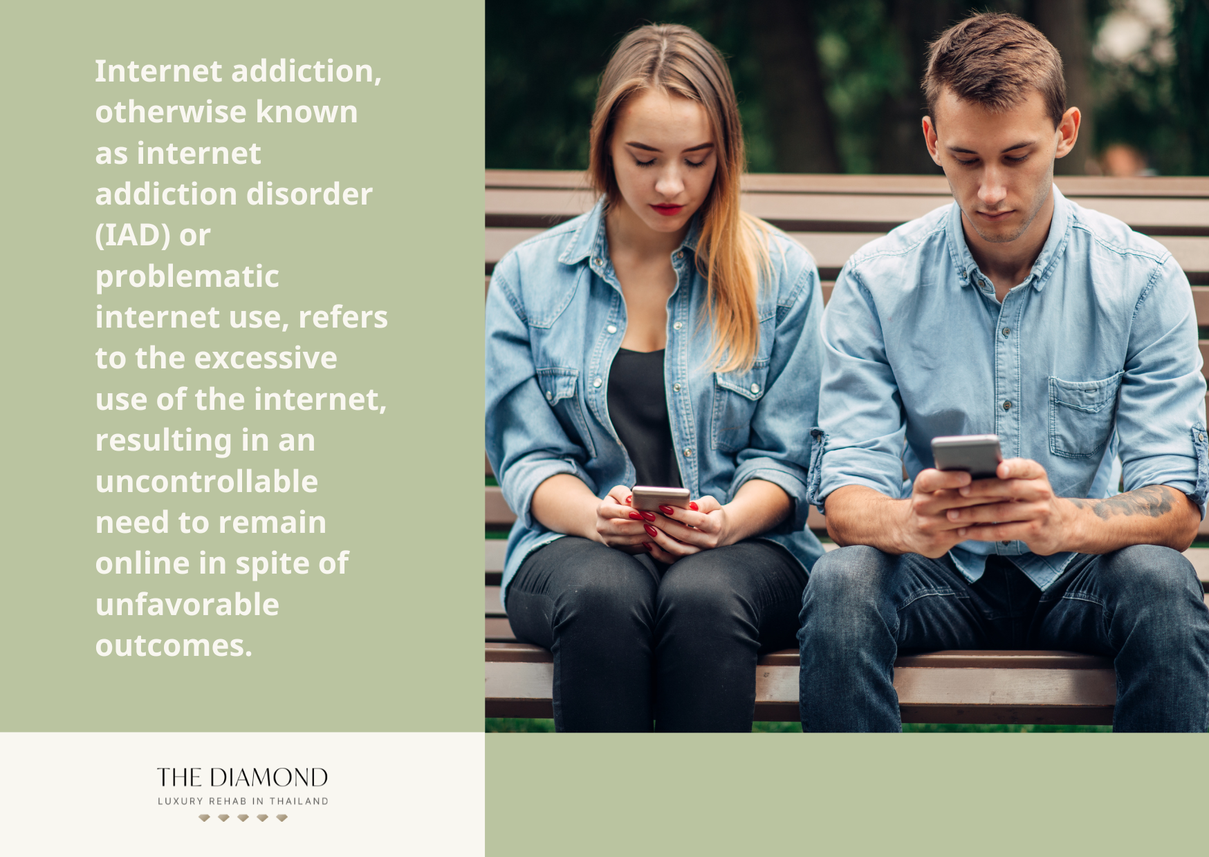 A man and a woman sitting on a park bench using their phones.