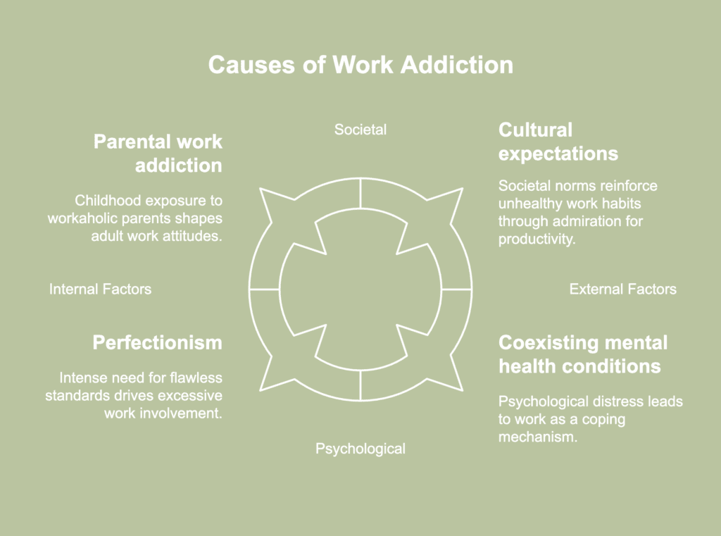 A picture showing causes of work addiction.