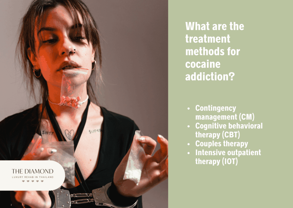 A picture showing cocaine addiction treatment options and a girl with cocaine in hand.