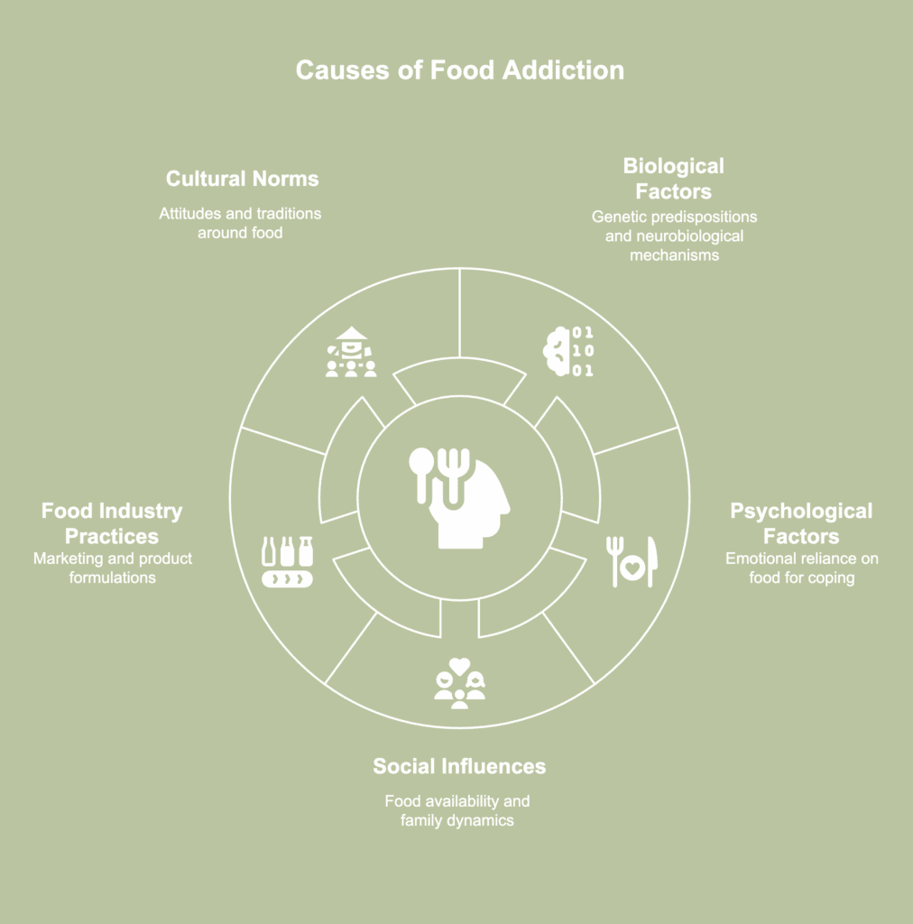 An illustrative picture showing causes of food addiction.