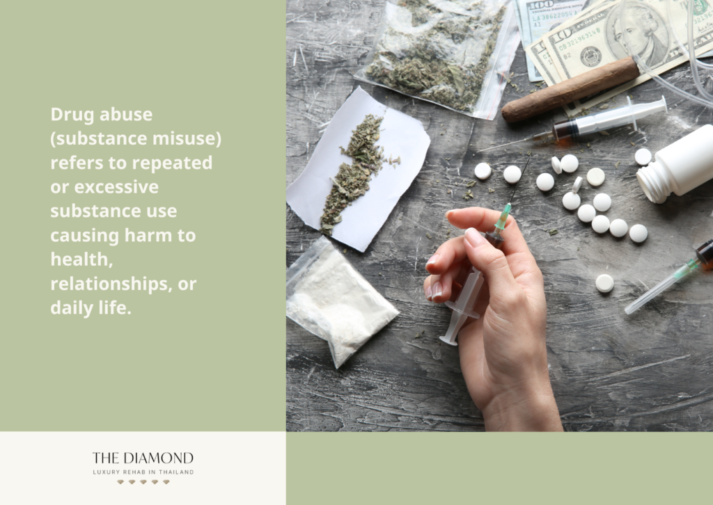 A hand with drugs filled injection and while other other drugs like marijuana, cocaine on the table.