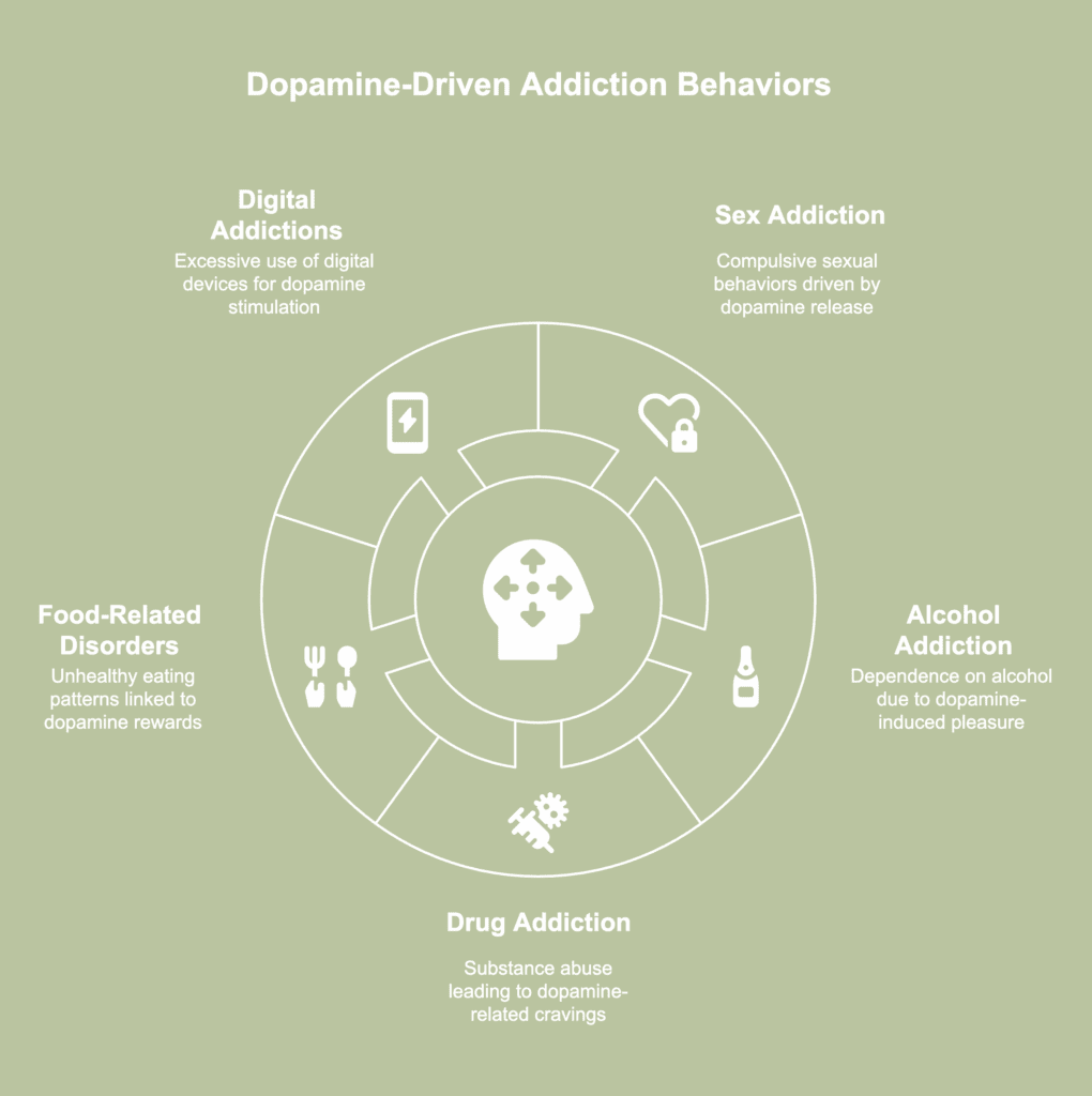 An illustrative picture showing risky addiction behaviors associated with dopamine.