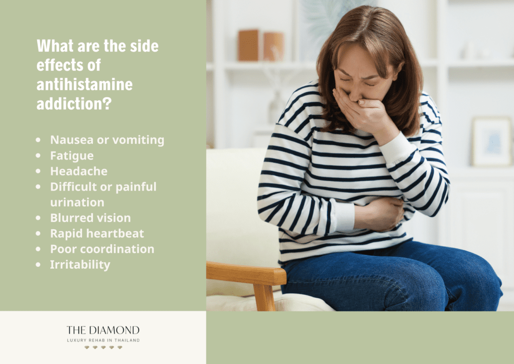 A woman having nausea, a side effect of antihistamine addiction.