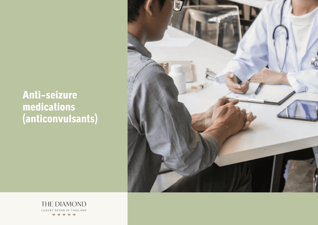 A doctor and a patient talking while anti seizure drugs is kept on the table.