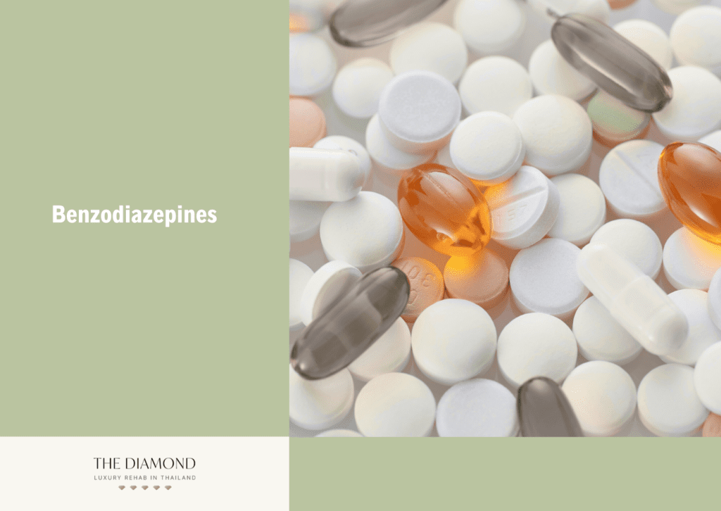 A picture showing different colored pills of Benzodiazepines.
