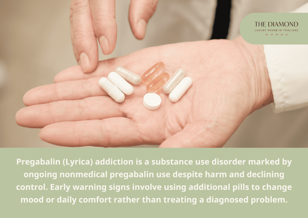 A hand with pregabalin pills.