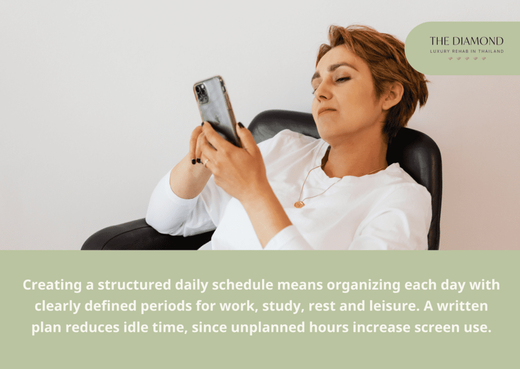 A woman sitting on chair and using phone.